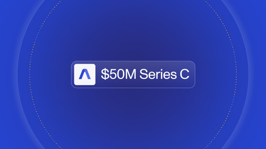 Blue background with AssemblyAI logo and text that reads '$50M Series C'