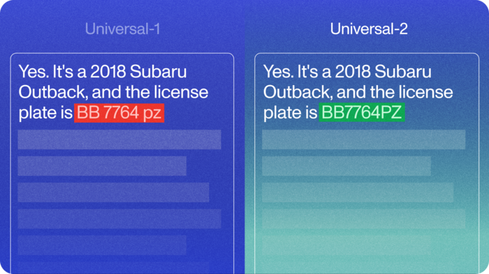 An illustration on a blurple background showing Universal-2's alphanumeric improvements compared to Universal-1