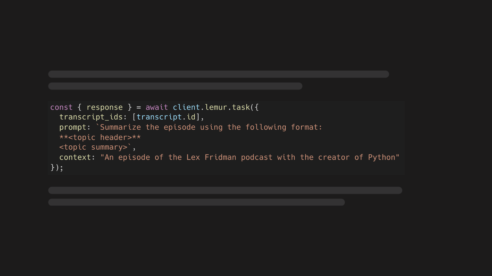 Code to summarize audio using LeMUR with the AssemblyAI JavaScript SDK.