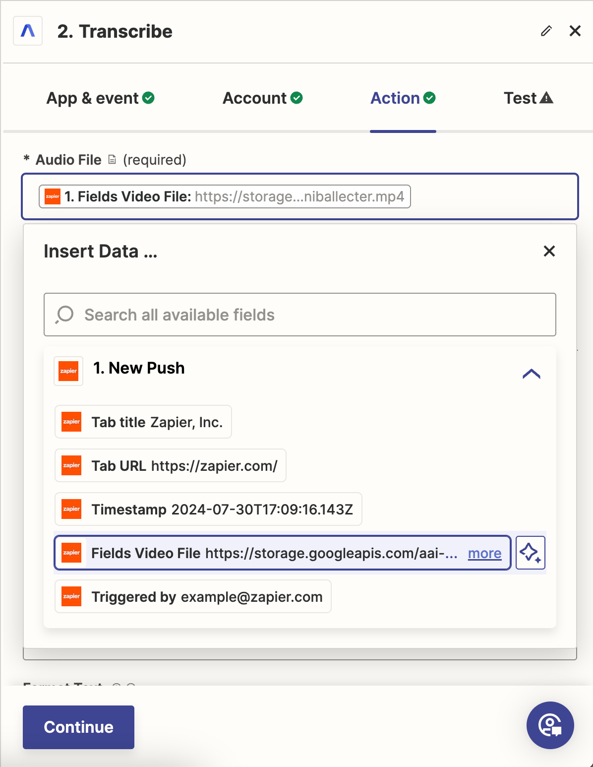 Configure the fields of the AssemblyAI transcribe action in Zapier