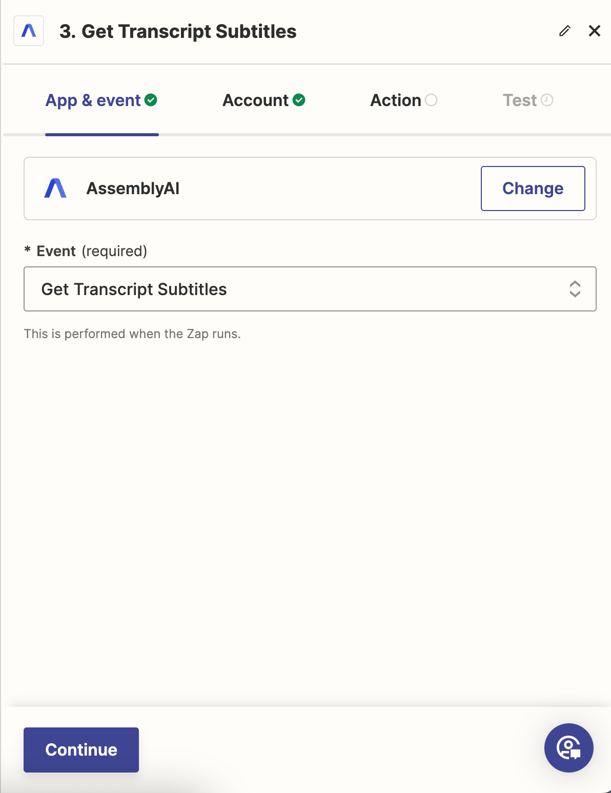 Select the Get Transcript Subtitles event for the AssemblyAI app for Zapier