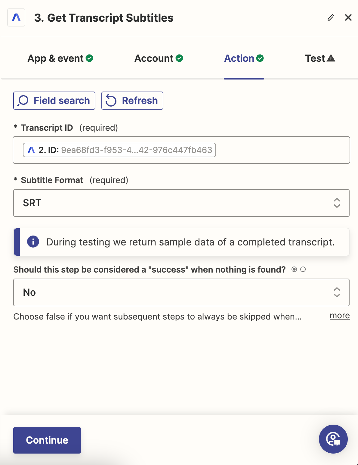 Get Transcript Subtitles fields for the AssemblyAI app for Zapier.