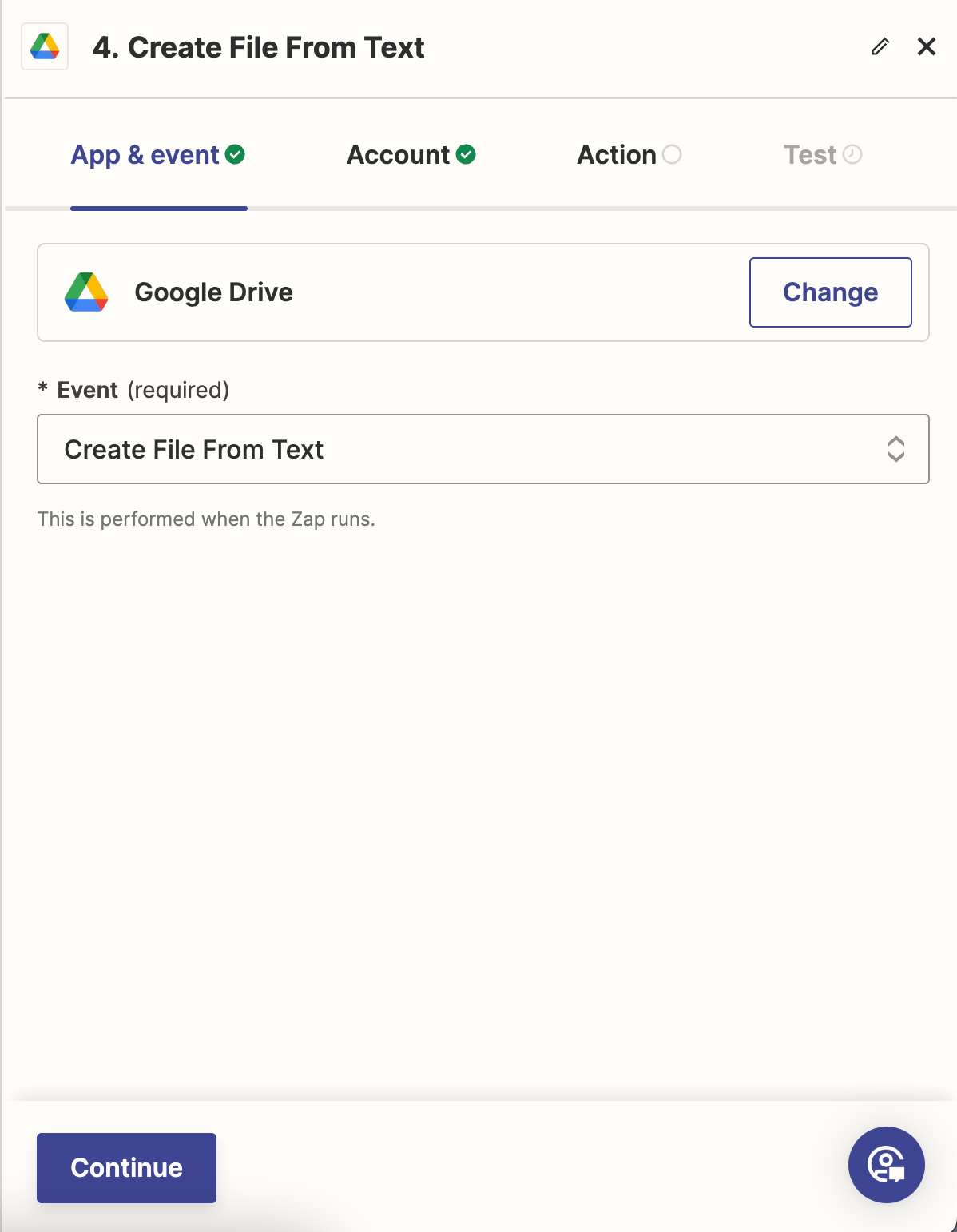 Google Drive app for Zapier with Create File From Text event selected.