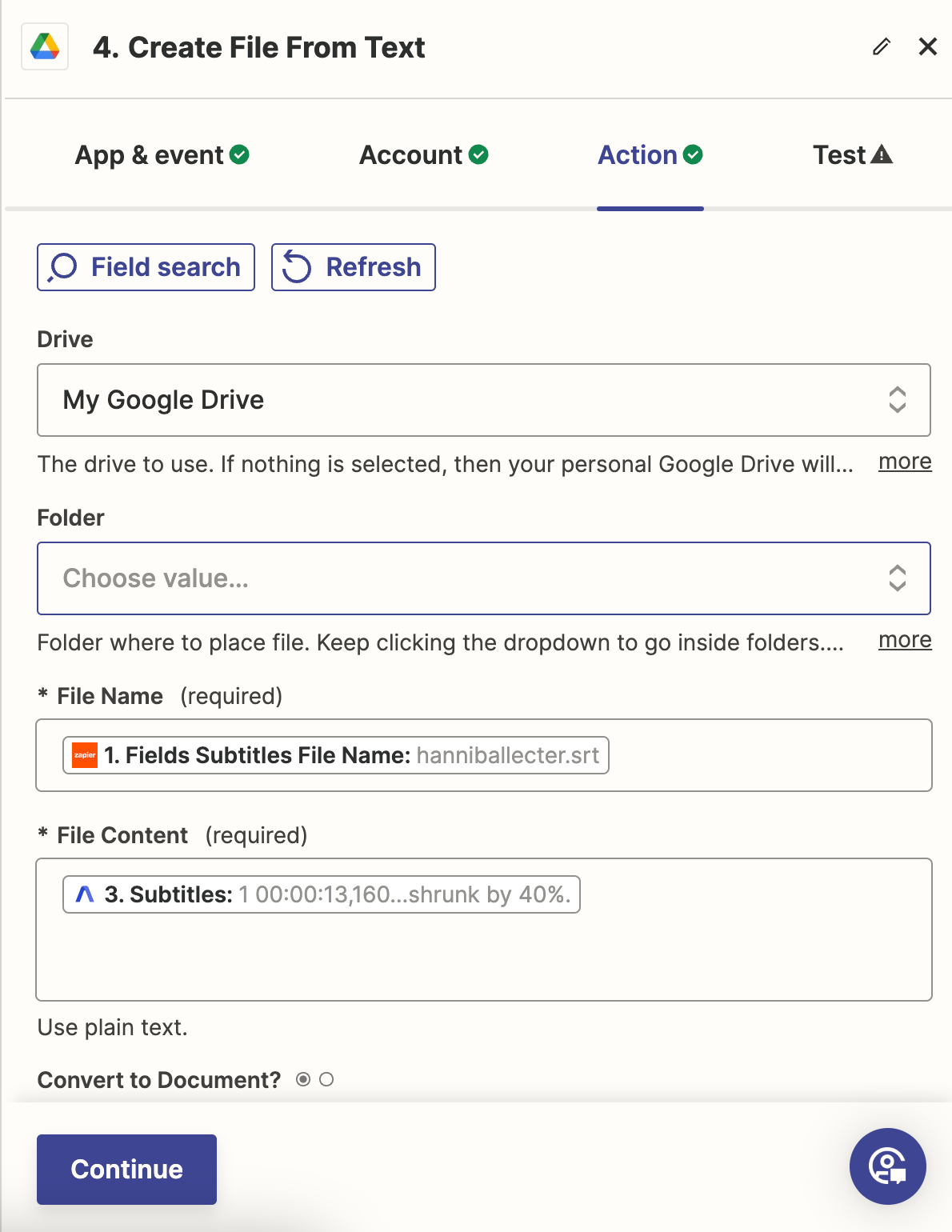 Configure fields for the Google Drive Create File From Text action.