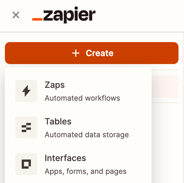 Zapier Create dropdown with "Zaps" as an option