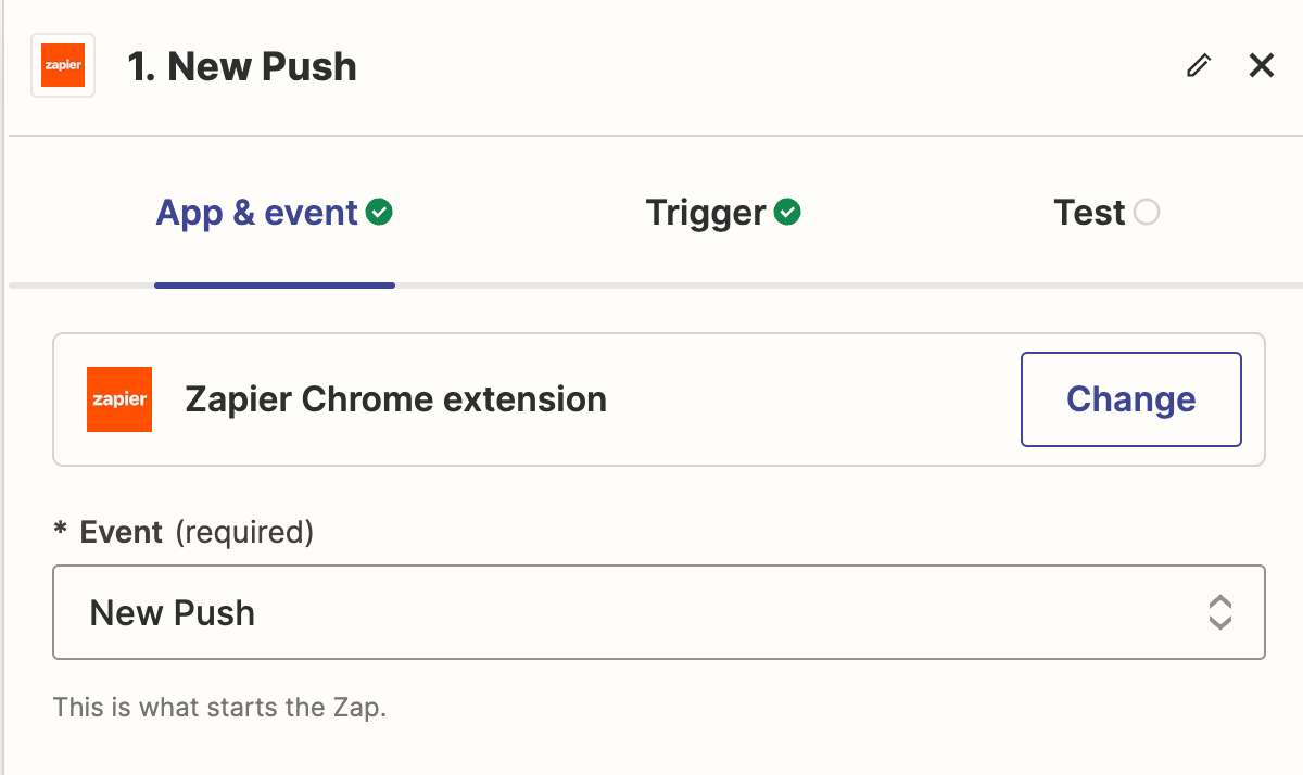 Configure Event as "New Push" in Zapier Chrome extension trigger on Zapier.