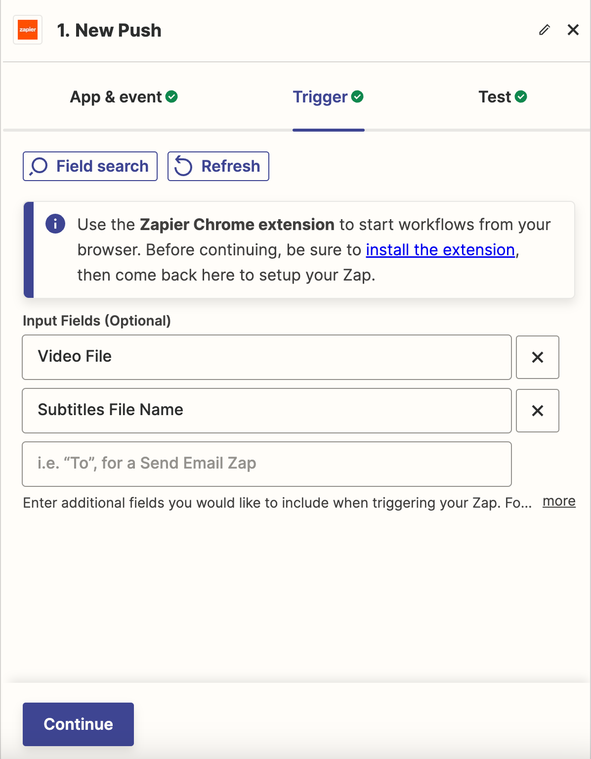 Zapier Chrome extension trigger with two additional input fields, video file and subtitles file name.