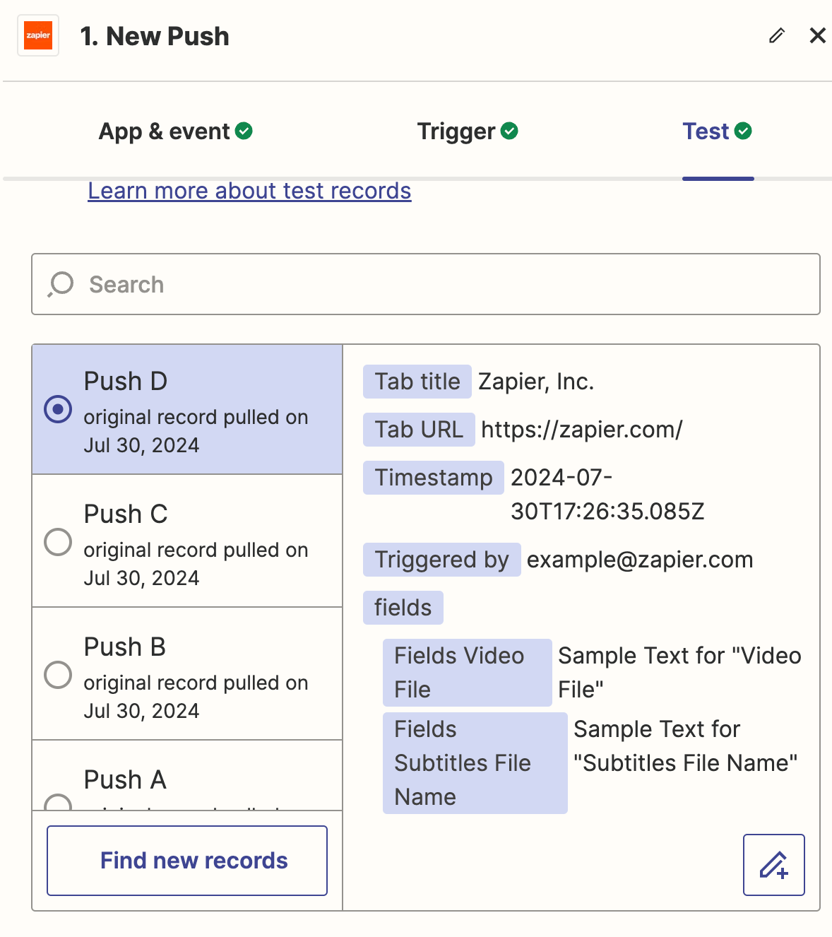 Zapier Chrome extension trigger test records