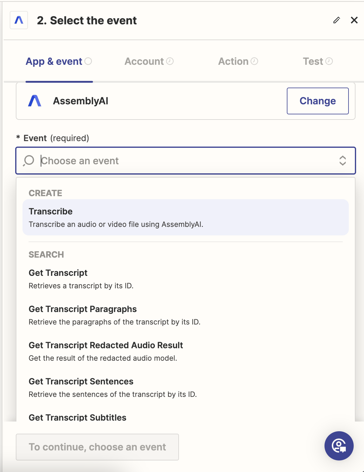 Select the event for the AssemblyAI app for Zapier.