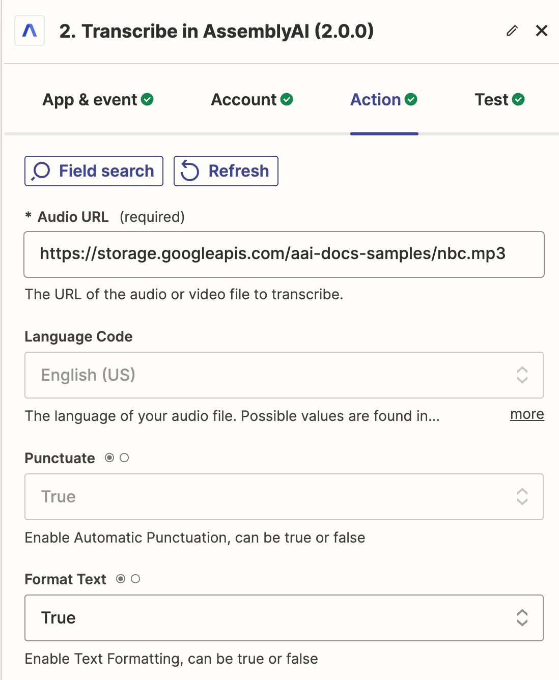 AssemblyAI Transcribe action fields in Zapier