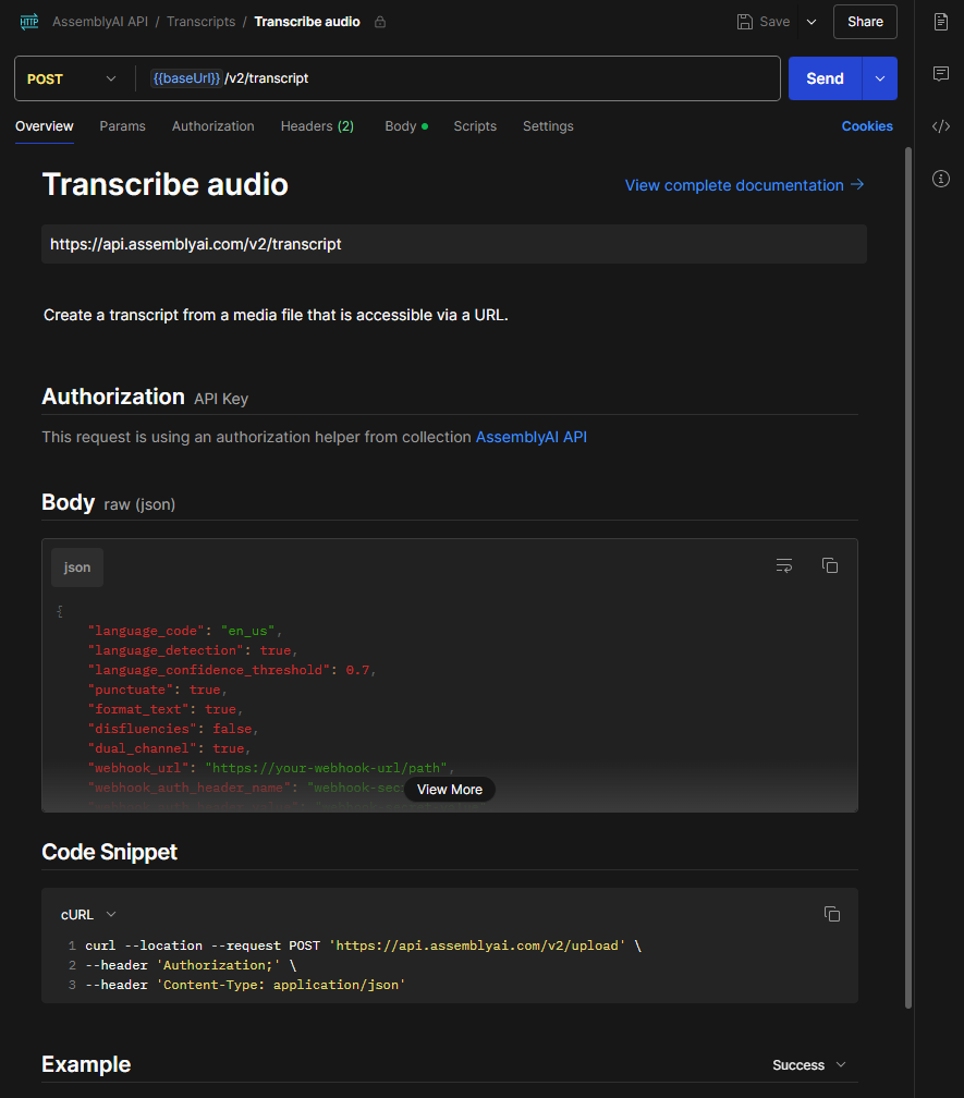 The Transcribe Audio HTTP POST request inside of Postman
