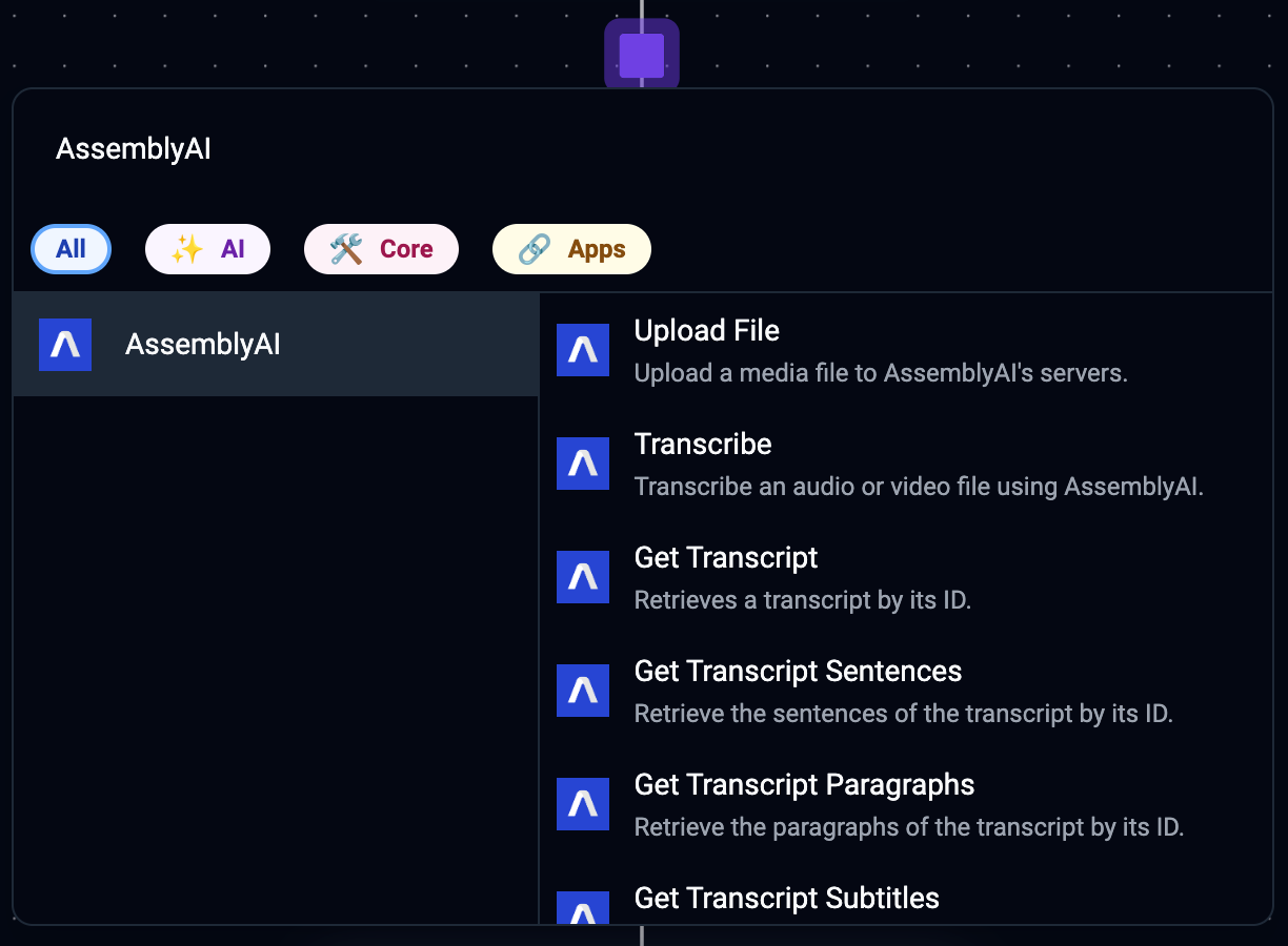 Adding an action from the AssemblyAI piece for Activepieces