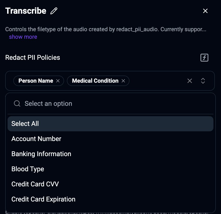 The transcribe action for the AssemblyAI piece with PII redaction policies configured