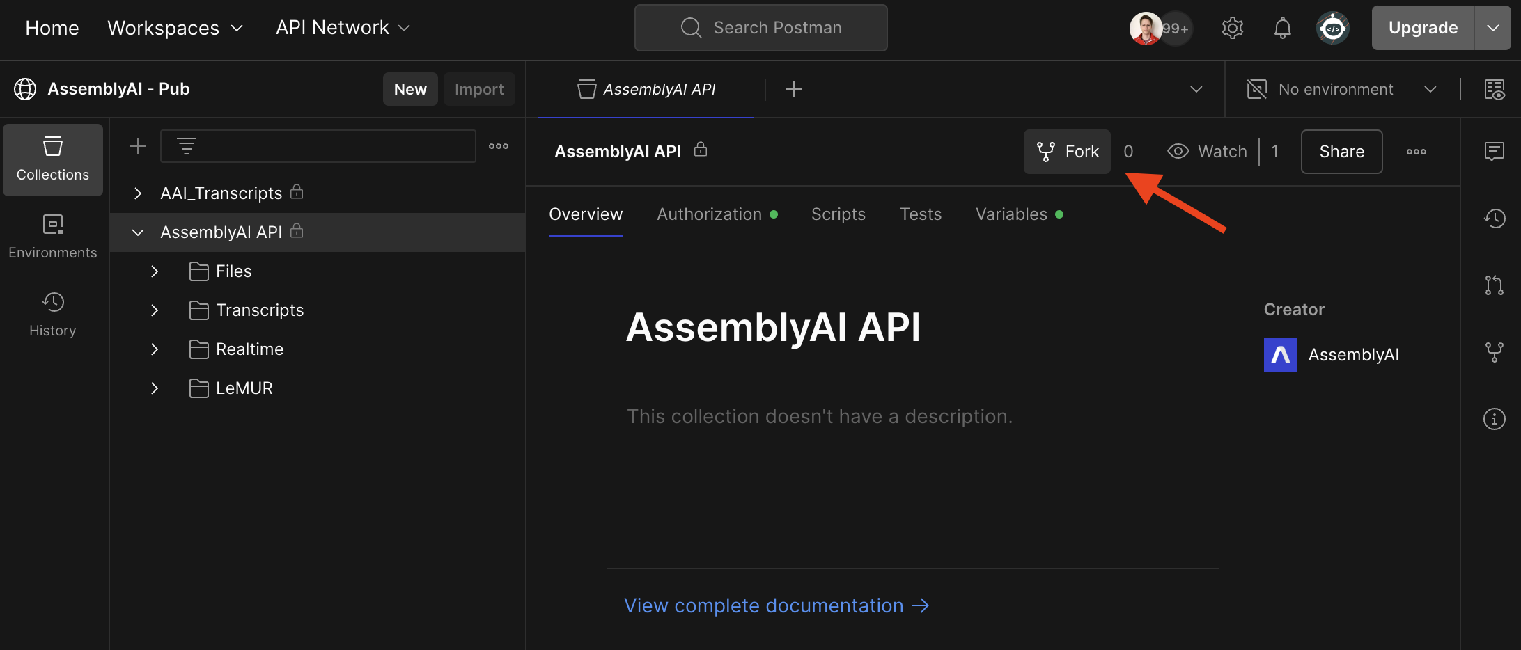 Click Fork on the AssemblyAI API collection