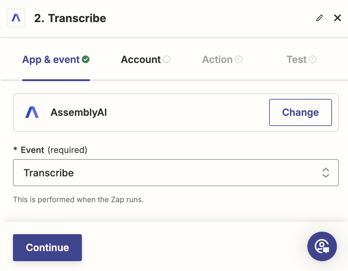 App &amp; event Zapier tab with Event field set to &quot;Transcribe&quot;.