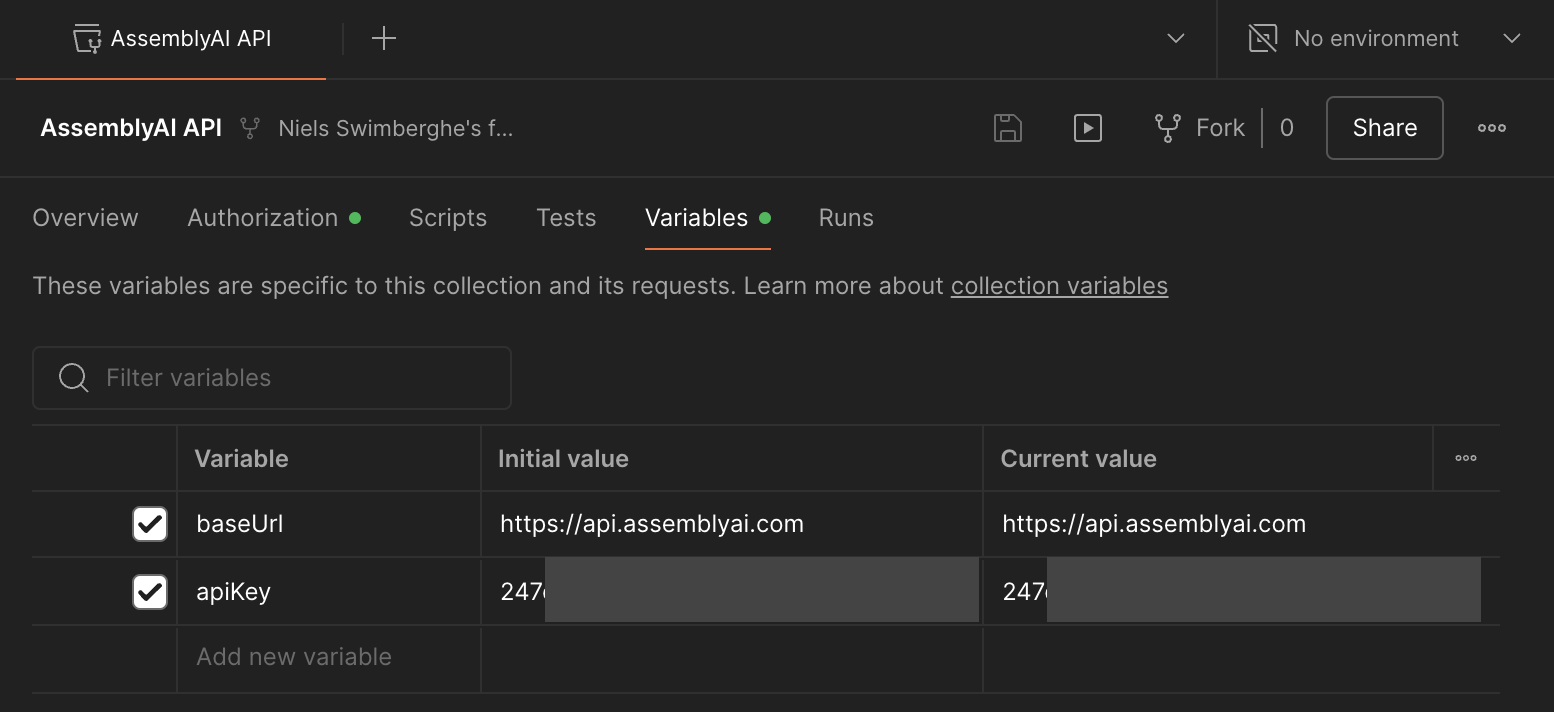 Configure AssemblyAI API key in Postman collection