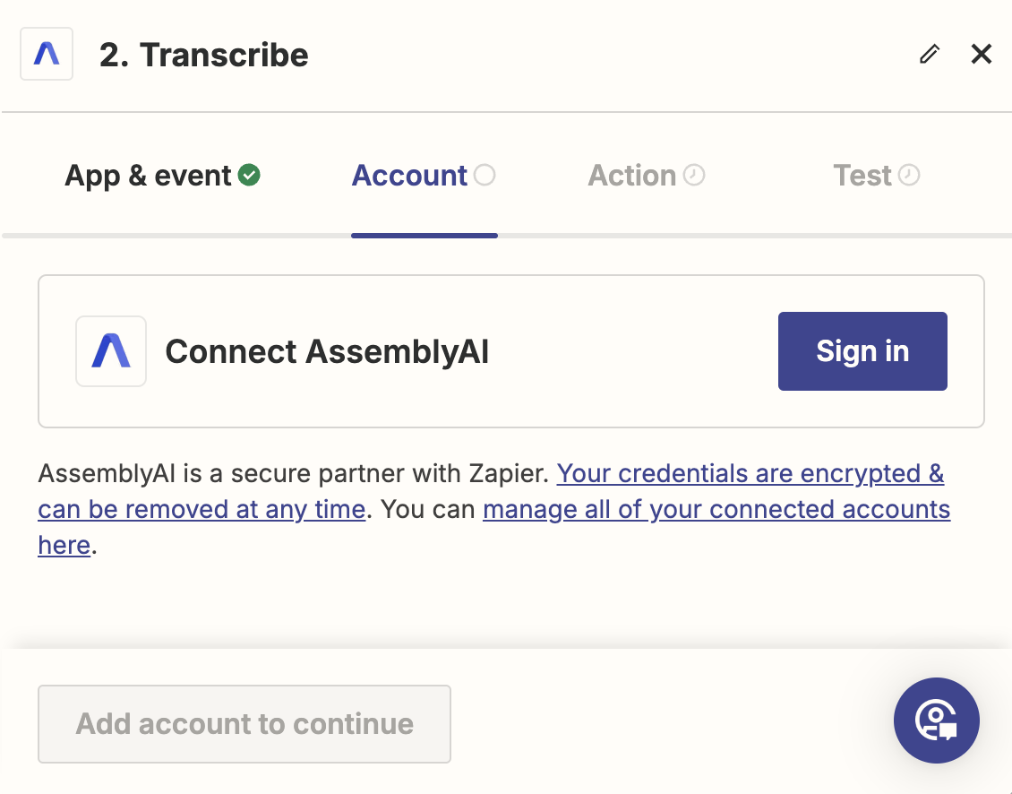 Account Zapier tab where you are prompted to Connect AssemblyAI with a Sign in button.