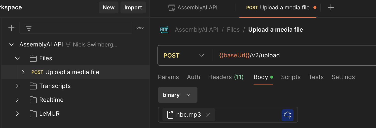 Send upload audio file to AssemblYAI API HTTP request