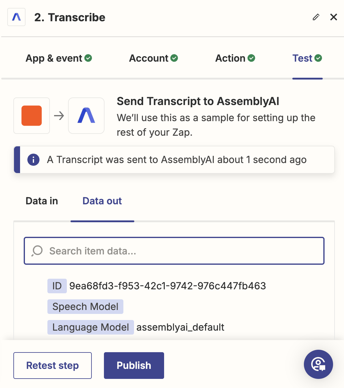 Test Zapier tab where you can see the output of the AssemblyAI Transcribe action.