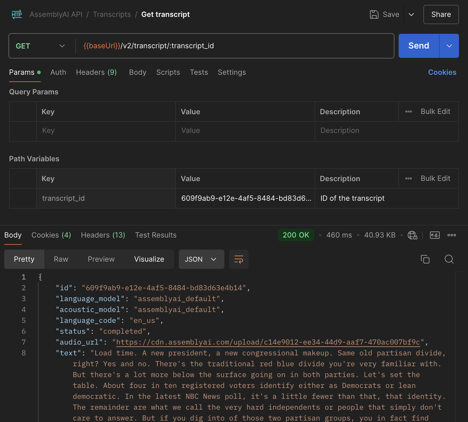 Get a transcript HTTP request and response