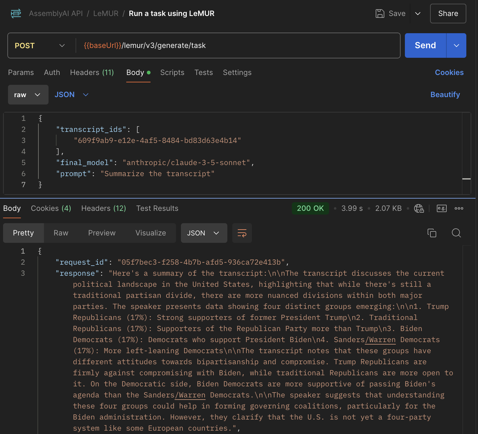 Summarize transcript using LeMUR