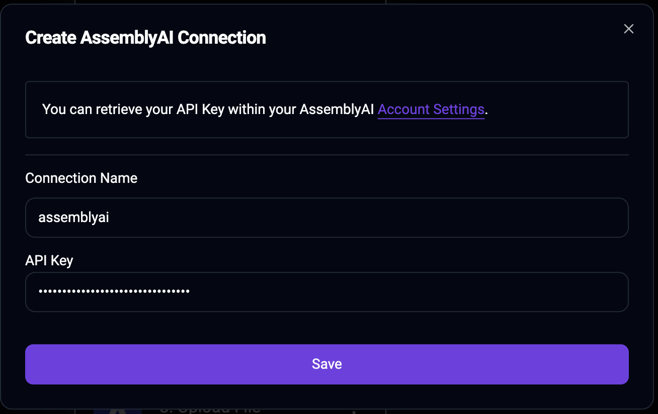 Configure your connection to AssemblyAI in Activepieces