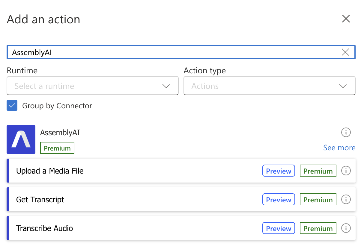 Search for AssemblyAI actions in Power Automate