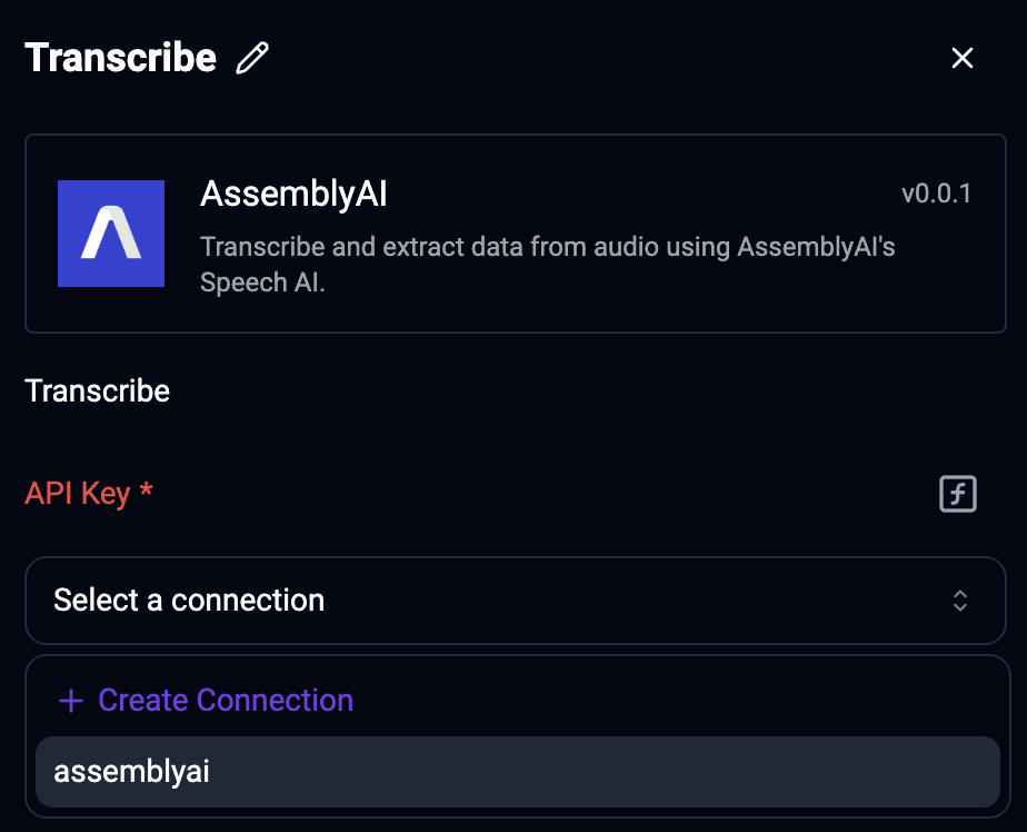 Select a connection to AssemblyAI in Activepieces